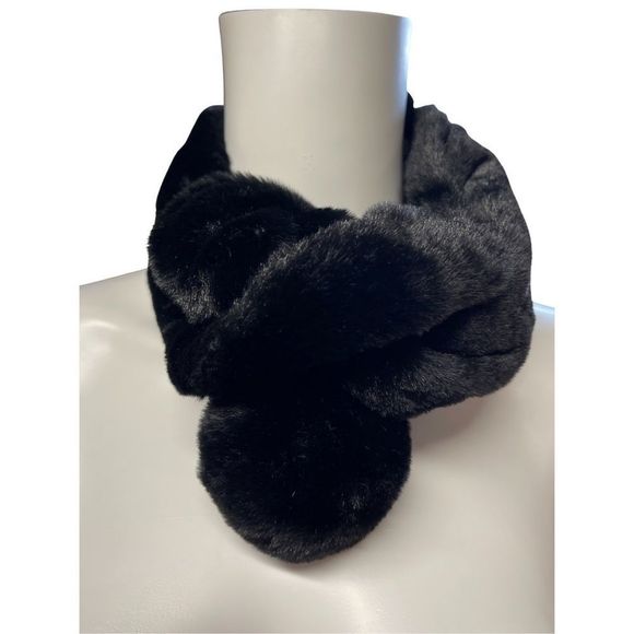 Anthropologie Accessories - Anthropologie Fur by Urf Women’s Black Faux Fur Neck Wrap Scarf NWT Pom Pom